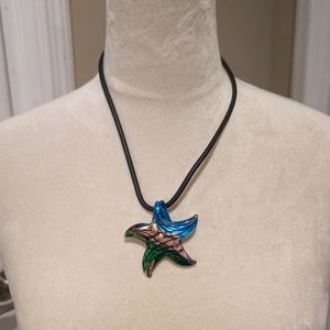 Murano style glass starfish pendant with rubber black cord 20 inch